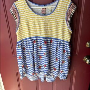 Matilda Jane Yellow and Blue Striped Blouse with Floral Accents